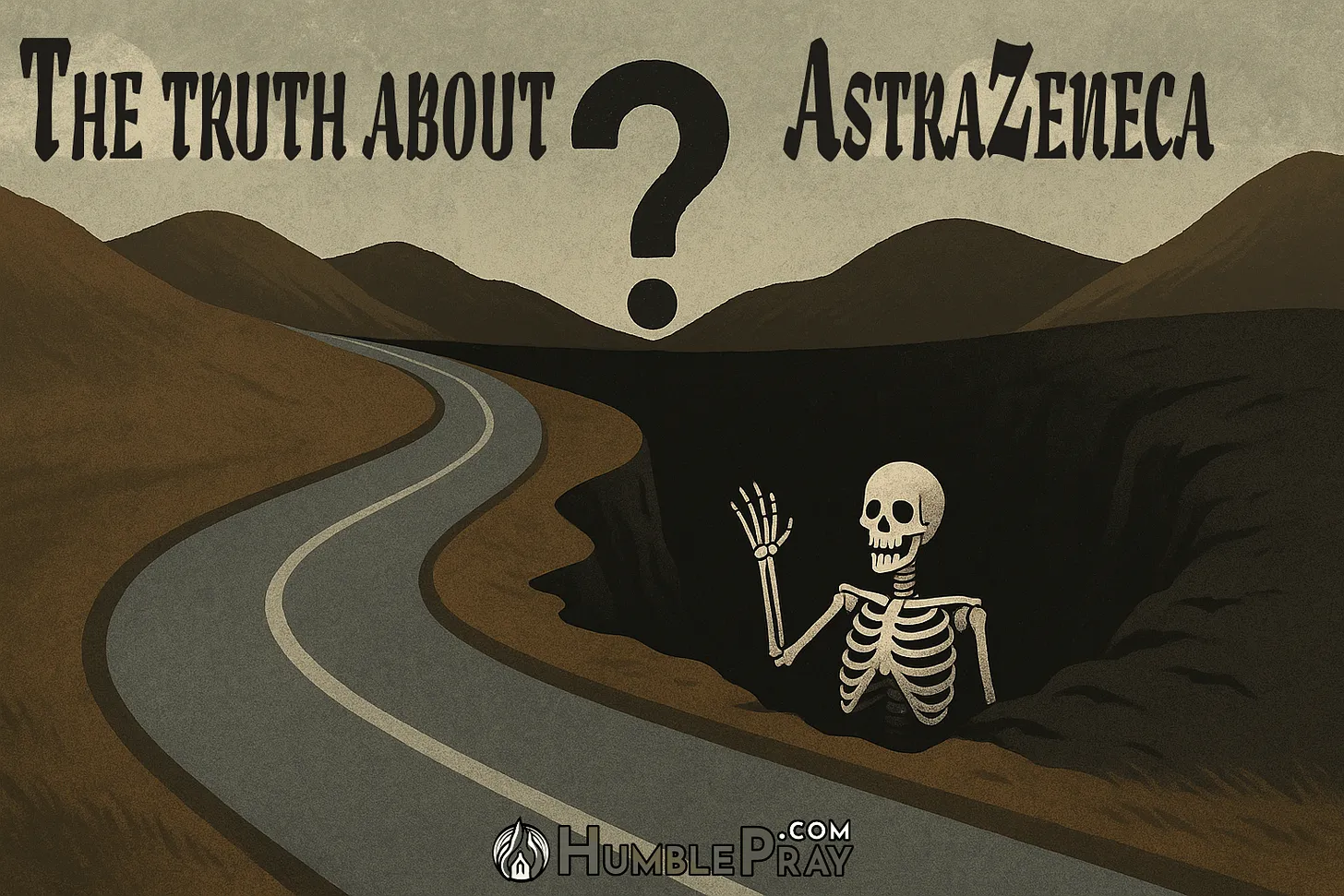An illustrated skeleton by a road waving with the caption "The truth about AstraZeneca?"