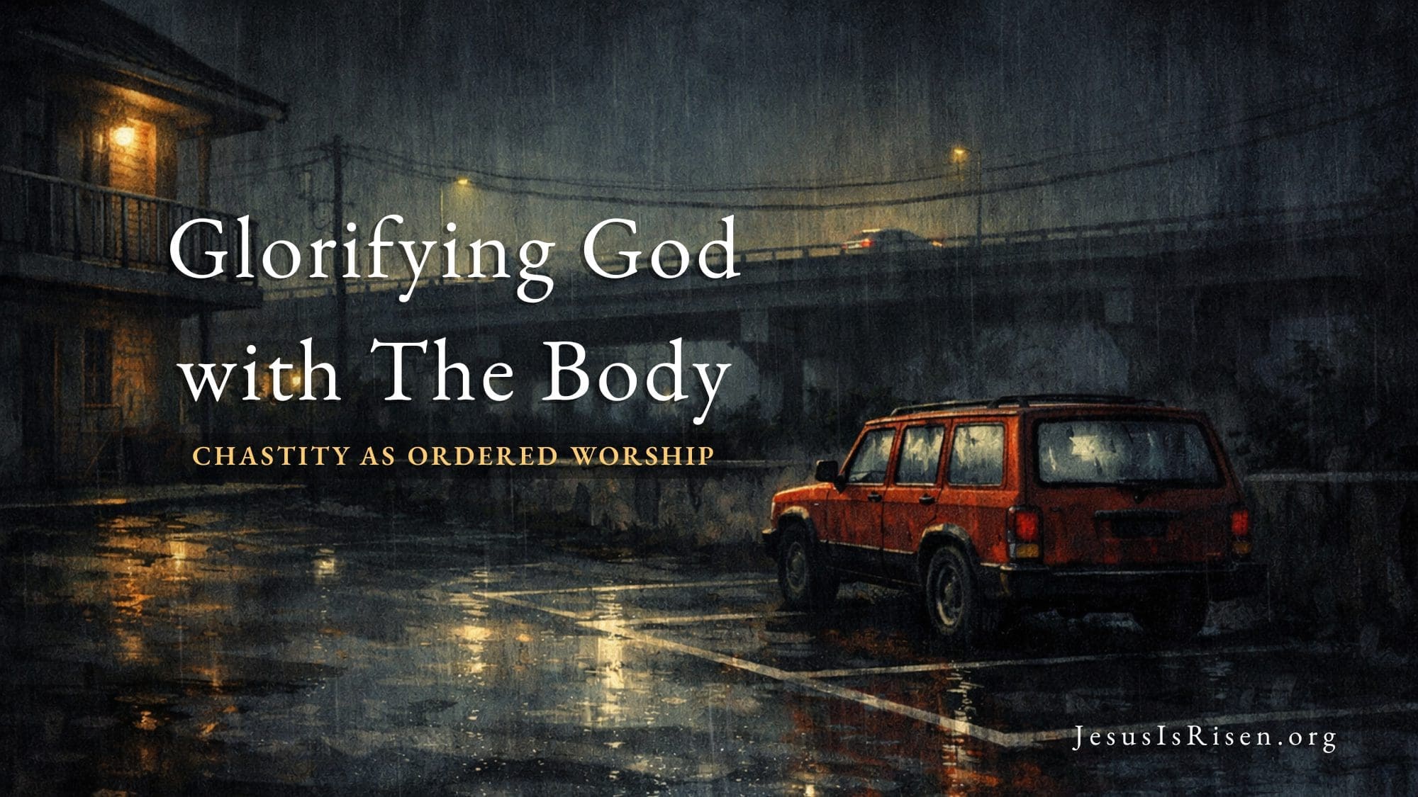 "Glorifying God with The Body" with the subtitle "Sexual Ethics as Ordered Worship" Illustrated nighttime motel parking lot in the rain with a red 1990s Jeep parked alone near a highway overpass, conveying loneliness and moral tension.