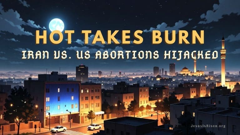 Night skyline of Tehran Iran with mosque minaret under full moon, text overlay: Hot Takes Burn - Iran vs US Abortions Hijacked